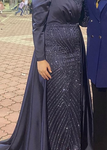 Alvina Lacivert Demonteli Drapeli Uzun Abiye Elbise