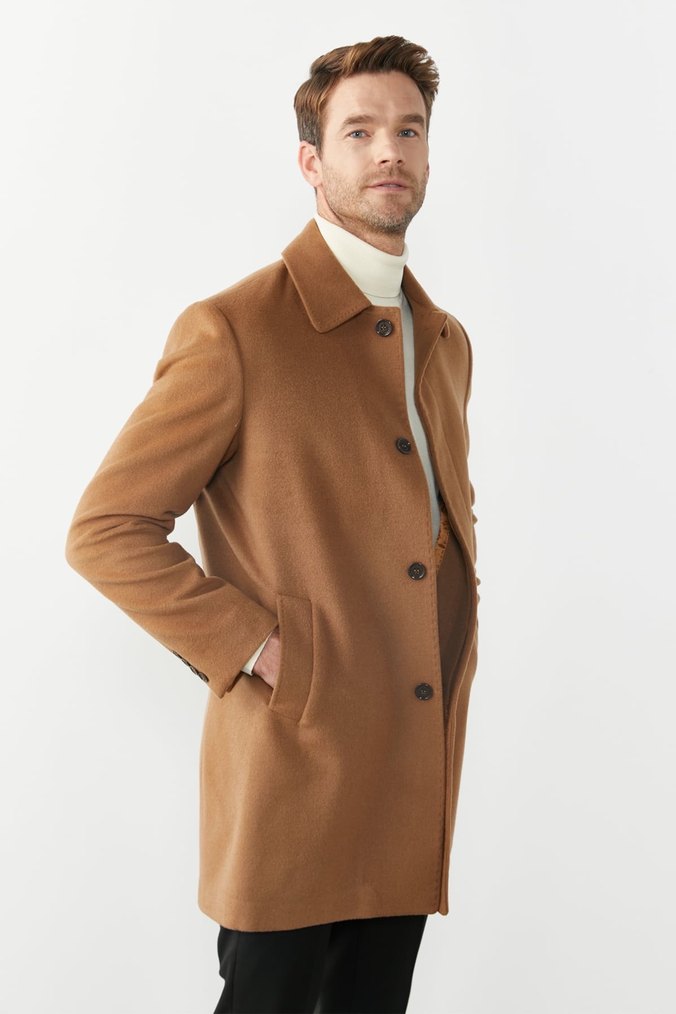 Bej Süet Düğmeli Erkek Midi Kaban - Görsel 2