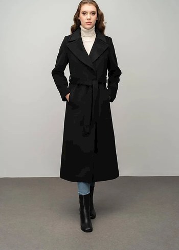 Uzun Siyah Kemerli Kadın Kaban - Görsel 2