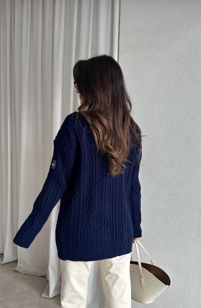 Kadın Lacivert Uzun Kollu Triko Hırka - Görsel 3