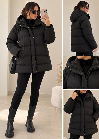 Zara Pull Bear Siyah Kapusonlu Sisme Mont