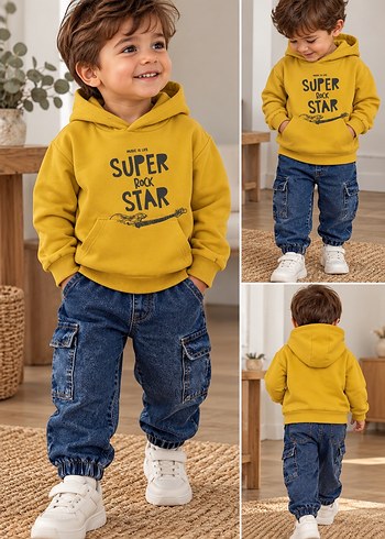 HelloBaby 2 Yas Takim Fiyatiridr Kapusonlu Sari Baskili Erkek Sweatshirt