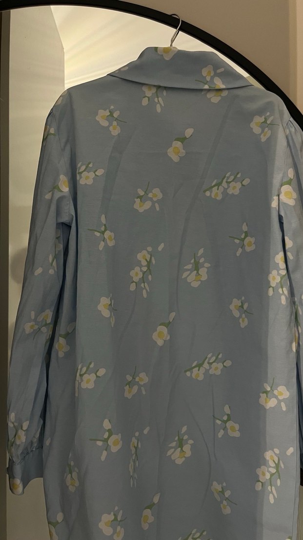 Mavi Desenli Kısa Kollu Keten Gömlek - Görsel 2