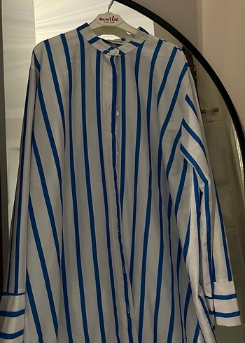 Mavi Çizgili Pamuklu Kadın Gömlek - Görsel 4