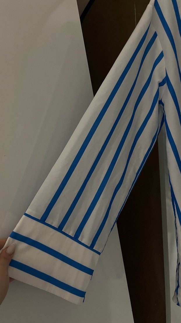 Mavi Çizgili Pamuklu Kadın Gömlek - Görsel 2