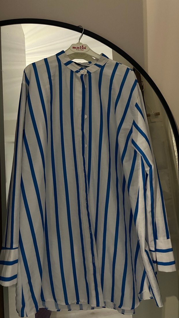 Mavi Çizgili Pamuklu Kadın Gömlek - Görsel 4