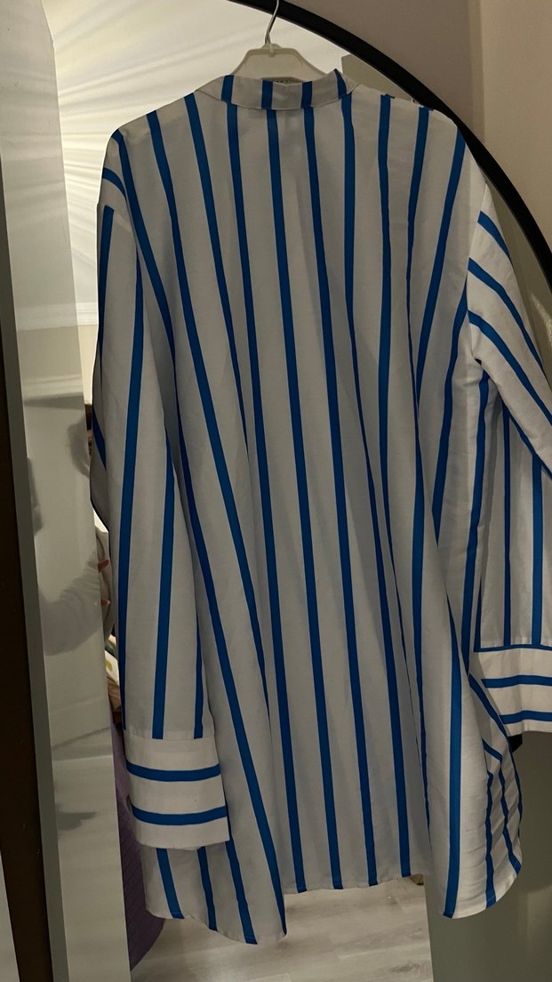 Mavi Çizgili Pamuklu Kadın Gömlek - Görsel 3