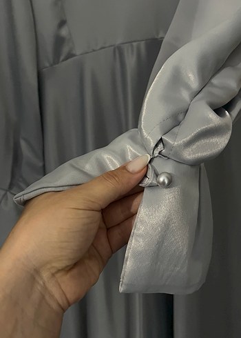 Gri Uzun Kollu Drapeli Uzun Elbise - Görsel 7