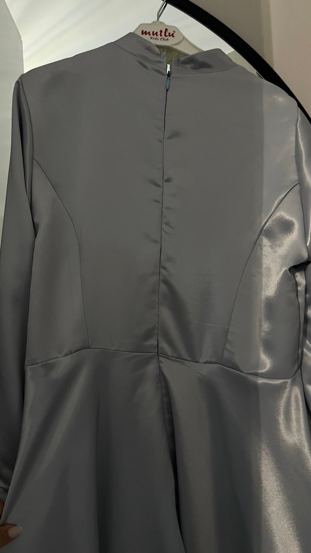 Gri Uzun Kollu Drapeli Uzun Elbise - Görsel 5