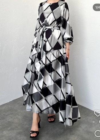 Kadın Gri Ekose Desenli Uzun Elbise - Görsel 5