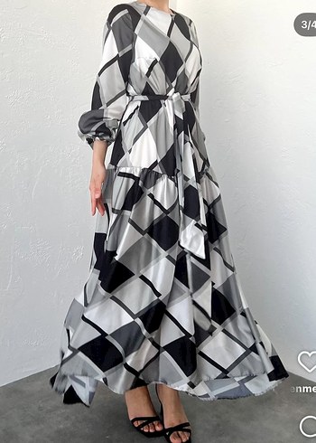 Kadın Gri Ekose Desenli Uzun Elbise - Görsel 6