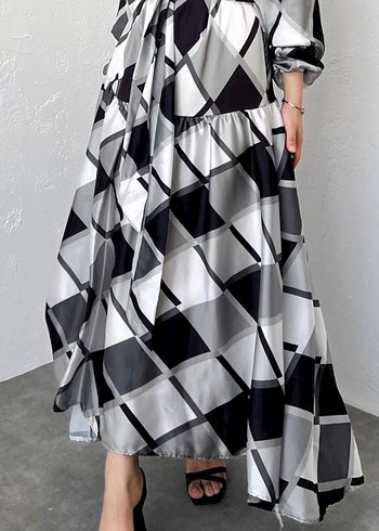 Kadın Gri Ekose Desenli Uzun Elbise - Görsel 2