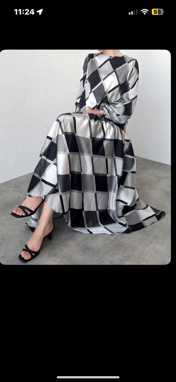 Kadın Gri Ekose Desenli Uzun Elbise - Görsel 4