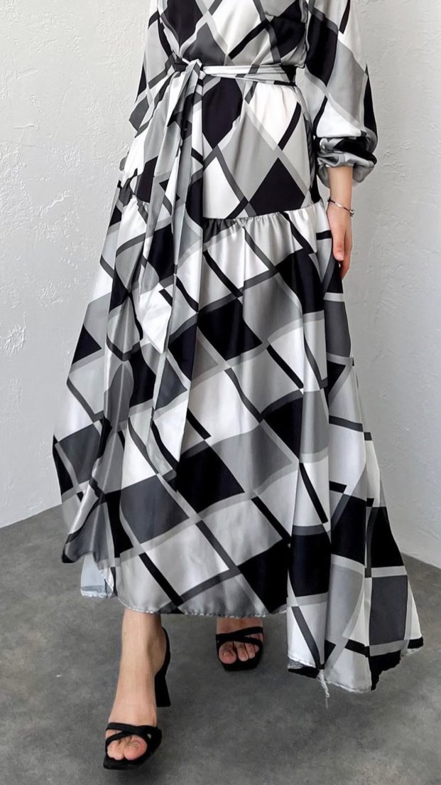 Kadın Gri Ekose Desenli Uzun Elbise - Görsel 2