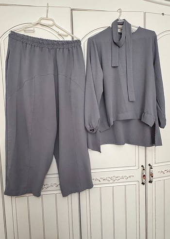 Gri Oversize Keten ayrobin Kadın Takımı