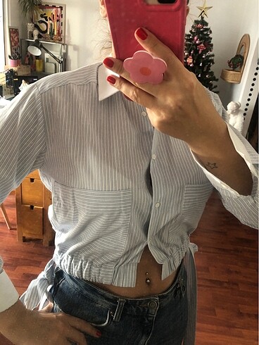 Mavi crop gömlek