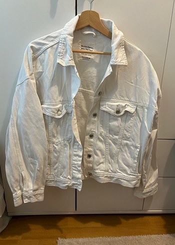 Kadın Beyaz Kot Ceket Düğmeli Salaş - Görsel 3