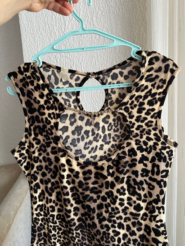 Kahverengi Leopar Desenli Kadın Mini Elbise - Görsel 2