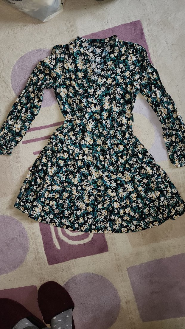 Bohem Çiçekli V Yaka Mini Elbise - Görsel 2