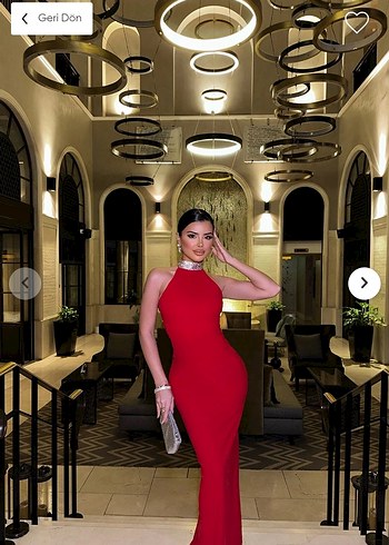 Parlak taşli halter yaka Kırmızı Yılbaşı Kadın Elbise - Görsel 4