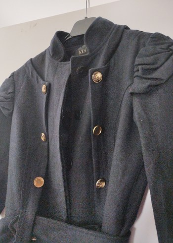 Kemerli lacivert kaşe Kadın Kaban - Görsel 5