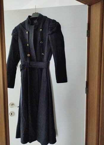 Kemerli lacivert kaşe Kadın Kaban - Görsel 2