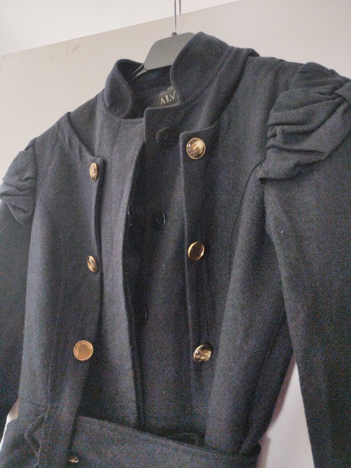 Kemerli lacivert kaşe Kadın Kaban - Görsel 5