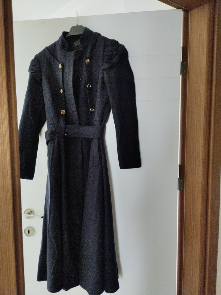 Kemerli lacivert kaşe Kadın Kaban - Görsel 2