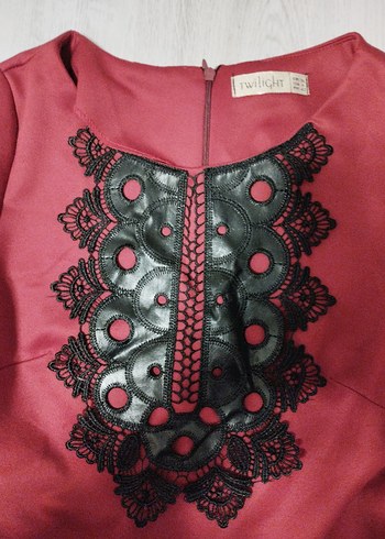 Bordo Dantel İşlemeli Uzun Kollu Vintage Elbise - Görsel 6