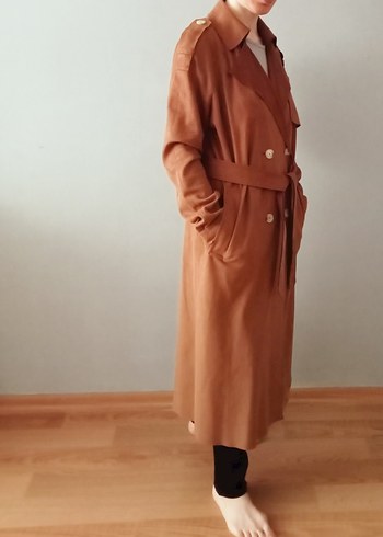 Kadın kahverengi Süet Kemerli Uzun Trençkot
