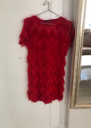 Topshop Kırmızı Kadın Kısa Kürklü Elbise