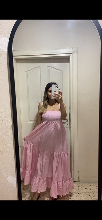 Zara PEMBE GİPELİ ASKILI ELBİSE