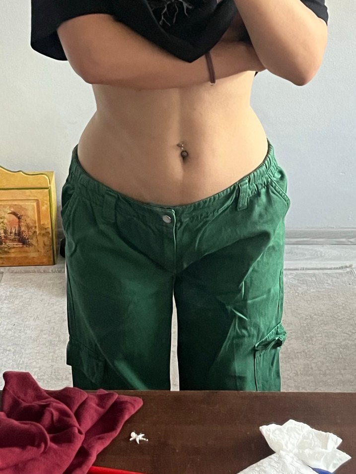 Kadın düşük bel Yeşil Bol Kesim  Kot Pantolon - Görsel 2