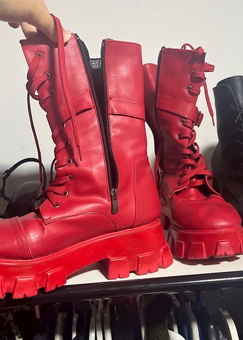 Kırmızı Deri Platform Topuklu Gotik Botlar - Görsel 3