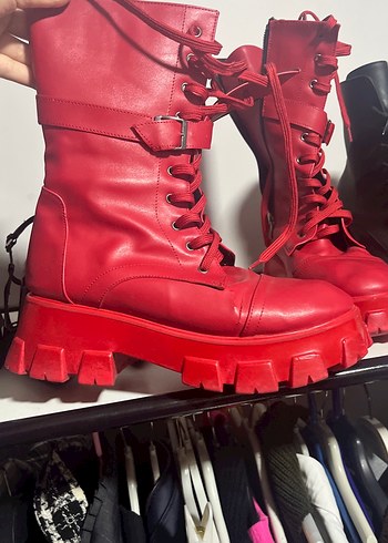 Kırmızı Deri Platform Topuklu Gotik Botlar - Görsel 2