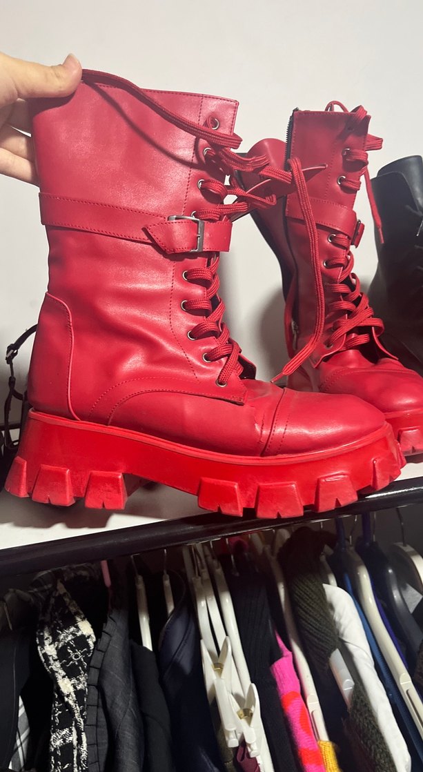 Kırmızı Deri Platform Topuklu Gotik Botlar - Görsel 2