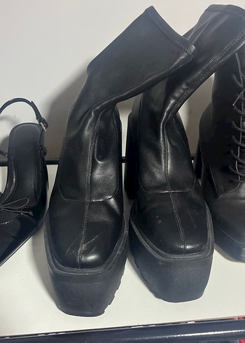 Siyah Bershka Deri Platform Topuklu Gotik Bot - Görsel 3