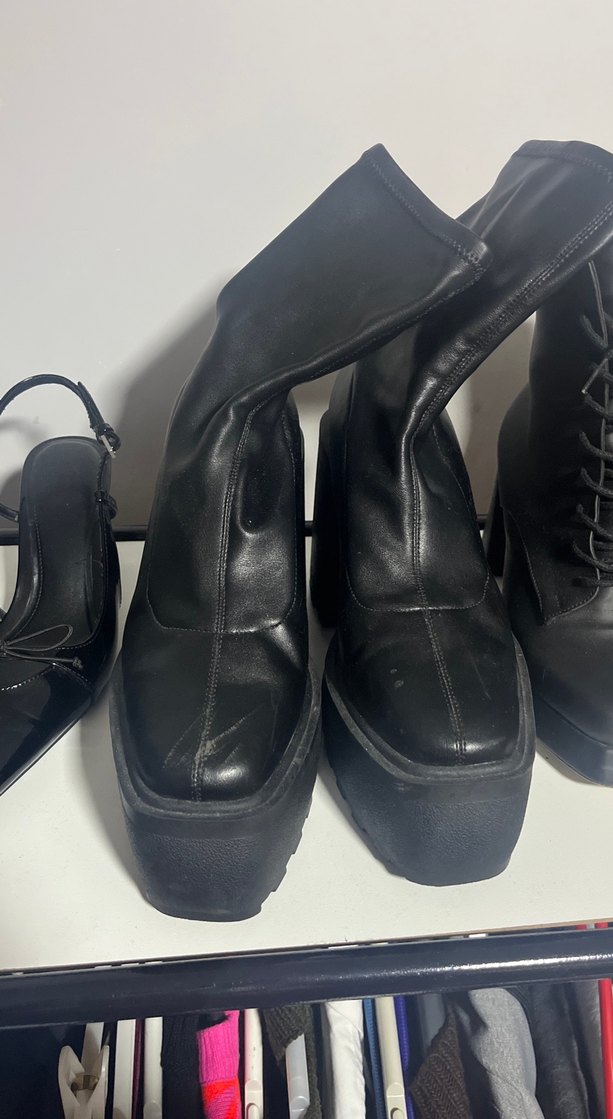 Siyah Bershka Deri Platform Topuklu Gotik Bot - Görsel 3