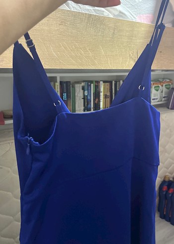 Saten Dokulu Mavi V Yaka Midi Elbise - Görsel 6