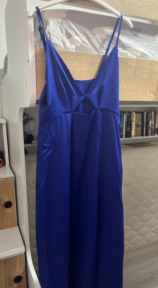 Saten Dokulu Mavi V Yaka Midi Elbise - Görsel 2