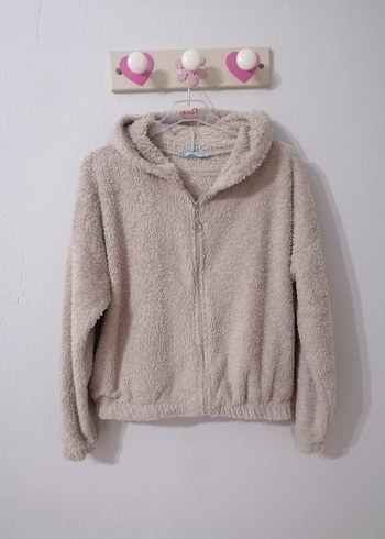 Krem Renk Kapüşonlu Kadın Peluş Ceket