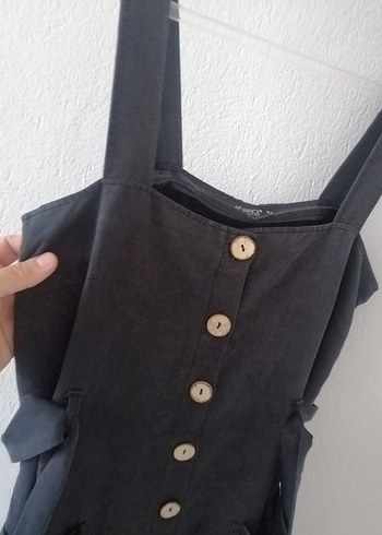 Diğer Düğmeli Siyah Uzun Askılı Kadın Elbise