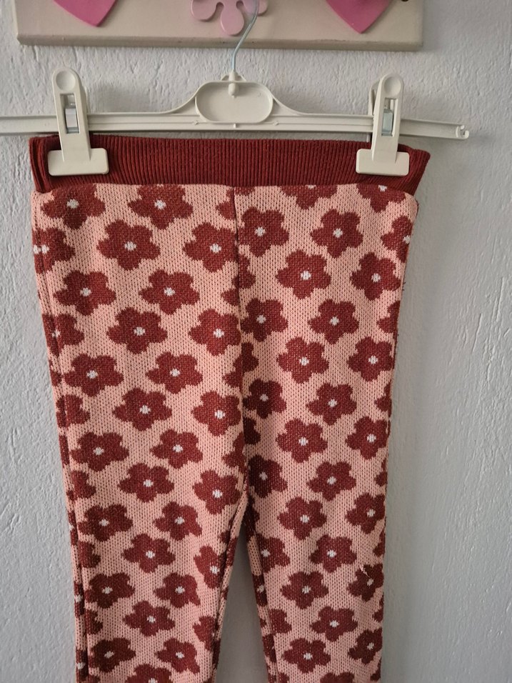 Kız Çocuk Pembe Çiçek Desenli Triko Tayt - Görsel 2