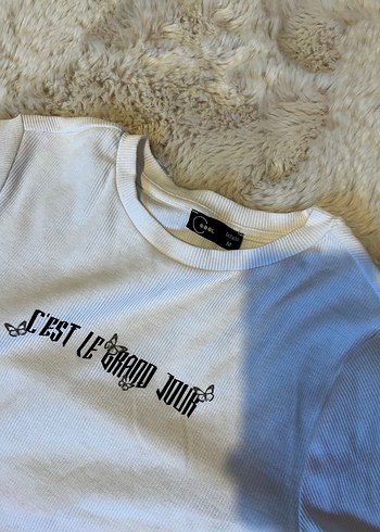 Defacto Beyaz Baskılı Yüksek Yakalı Crop Top