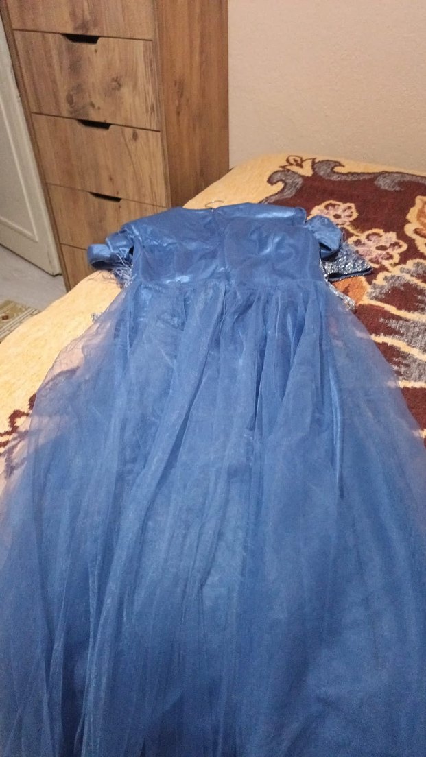 Uzun Kollu Mavi İşlemeli Abiye Elbise - Görsel 3