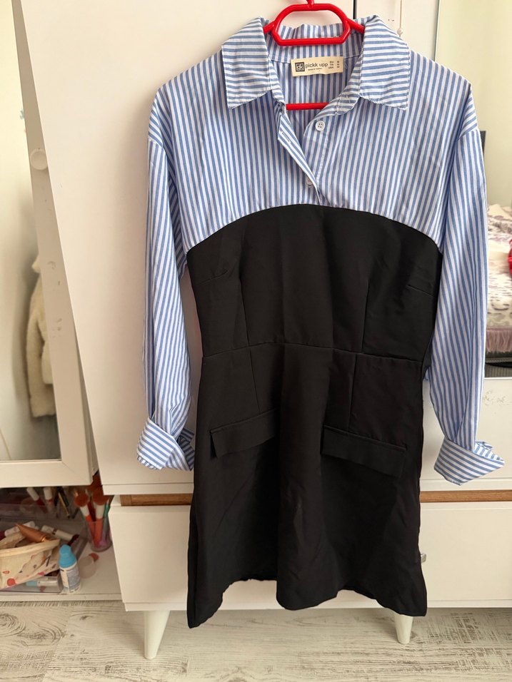 Gömlek elbise Çizgili Kollu Mini Ofis Elbisesi - Görsel 2