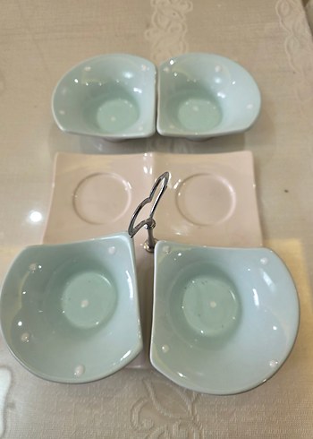 Pastel Puantiyeli 4 lü Seramik Servis Seti.Çerezlik,kahvaltılık - Görsel 4