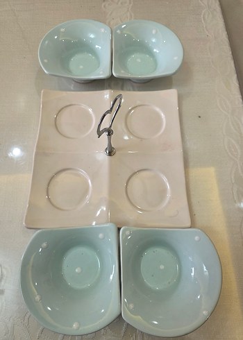 Pastel Puantiyeli 4 lü Seramik Servis Seti.Çerezlik,kahvaltılık - Görsel 3