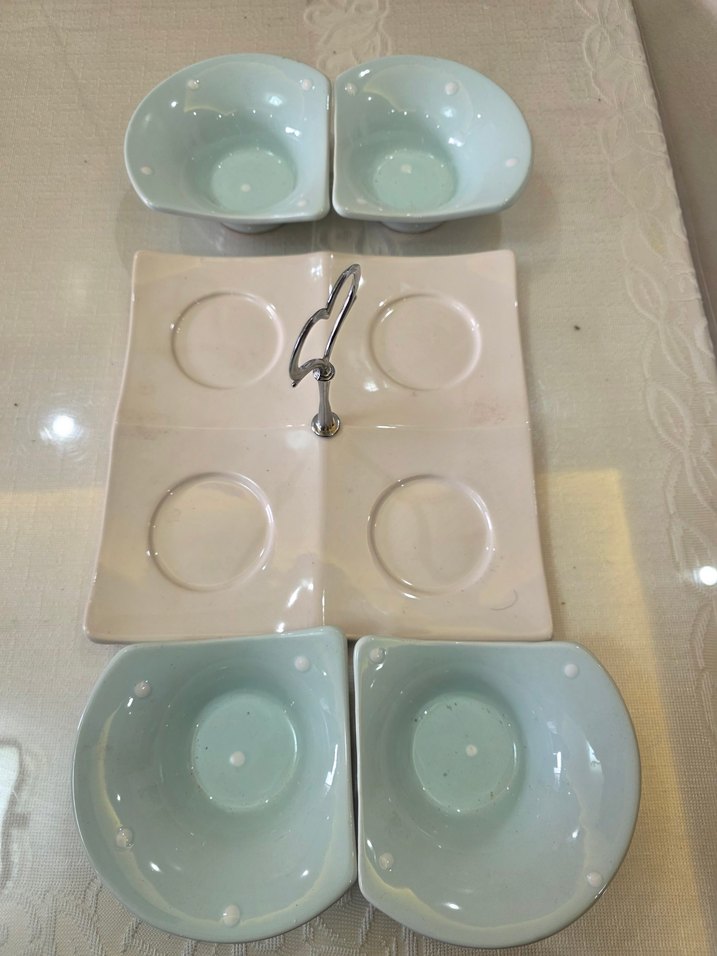 Pastel Puantiyeli 4 lü Seramik Servis Seti.Çerezlik,kahvaltılık - Görsel 3