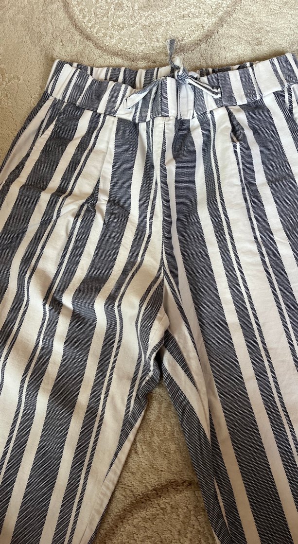 Gri Çizgili Kadın Pilili  Kumaş Pantolon - Görsel 3